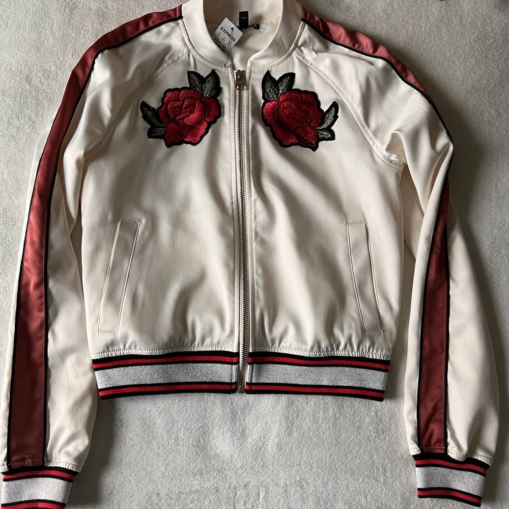 NWT! Express Floral Embroidered Bomber Jacket - Cream and Red